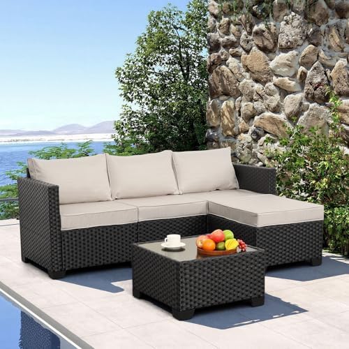 Oasishine Wicker Patio Furniture Patio Couch 3 Pieces Outdoor Sectional with Ottoman and Outdoor Glass Table Weathering Anti-Slip Cushions Furniture Covers, Khaki by Unknown