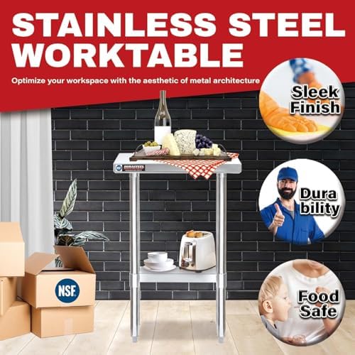 DuraSteel 24x12 Stainless Steel Work Table - NSF Commercial Prep Metal Table - Outdoor Pizza Oven Stand w/Under Shelf - Kitchen Island Laundry Utility Garage Microwave Stand Large Rolling Storage Cart - Image 3
