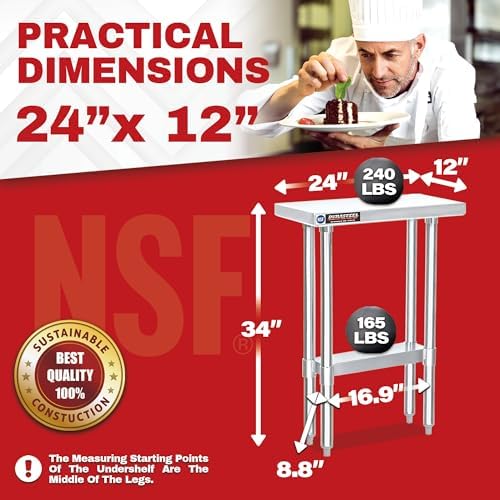 DuraSteel 24x12 Small Stainless Steel Table - NSF Metal Narrow Commercial Food Prep Side Worktable with Under Shelf - for Laundry Room, Kitchen, Outdoor Grill, Small Spaces - Image 6
