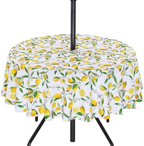 SquarePie 60 inch Round Outdoor Tablecloth with Umbrella Hole - Waterproof Patio Table Cover for Spring Summer Garden Camping Poolside Picnic BBQS, Summer Lemon by SquarePie
