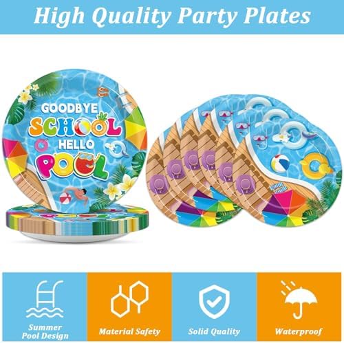 200pcs Goodbye School Hello Pool Plates Napkins End of School Year Party Tableware Set School's Out Disposable Decoration Summer Pool Dessert Plates Serve 50 Guests for Birthday Party Supplies - Image 3