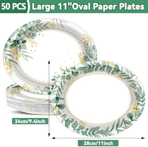Qyeahkj 50 PCS Sage Green Oval Paper Plates Large 11” Disposable Eucalyptus Party Decorations Sage Green Supplies Favor for Holiday Bridal Shower Party Tableware Set - Image 2