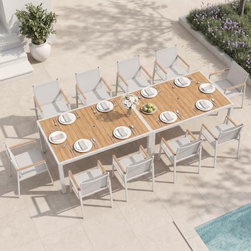Outdoor Dining Set for 10, Aluminum Patio Table and Chairs Set, 12-Piece All Weather Patio Dining Furniture Set with Umbrella Hole for Backyard, Deck, Poolside (White-Teak) by Oasbira