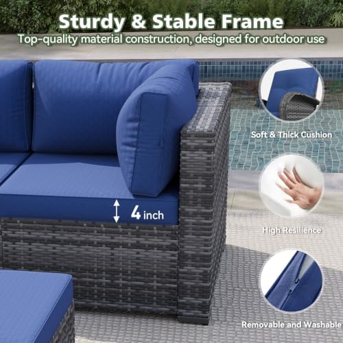 Aoxun 10 Piece Outdoor Patio Furniture Set with 44'' Fire Pit Table, Outdoor Patio Furniture Sets with Coffee Table, Wicker Rattan Outdoor Conversation Set with Ottoman for Backyard, Navy Blue - Image 3