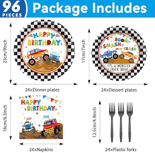 Monster Truck Party Tableware Set Monster Truck Plates and Napkins Car Birthday Party Supplies Decorations for Kids Boys Black and White Checked Theme Birthday Supplies Serves 24 - Image 2