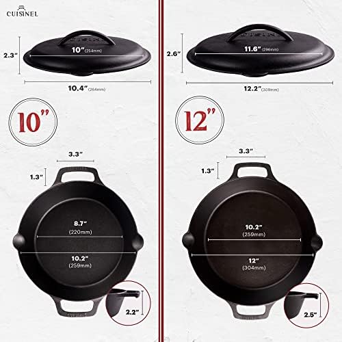 Cuisinel Cast Iron Skillet + Cast Iron Lid Set - 10+12"-Inch Dual Handle Frying Pans + Pan Scraper + Silicone Handle Covers - Preseasoned Indoor/Outdoor, Grill, Stovetop, Induction, Oven Cookware - Image 2