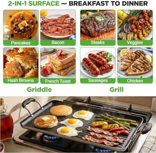NutriChef 24" Stove Top Griddle Pan, Nonstick Double Burner Grill & Griddle Combo, Ridged & Flat Surfaces, Suitable for Frying & Searing, Cool-Touch Handles, Easy to Clean, Black - Image 3