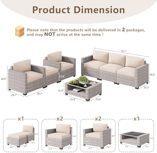 LOUVIXA 7 Piece Outdoor Patio Furniture Set, Rattan Chairs Glass Table Wicker Conversation Seating Sectional Sofa with Cushions (Grey White-Beige, 7Pcs-2 Layer Coffee Table) - Image 2
