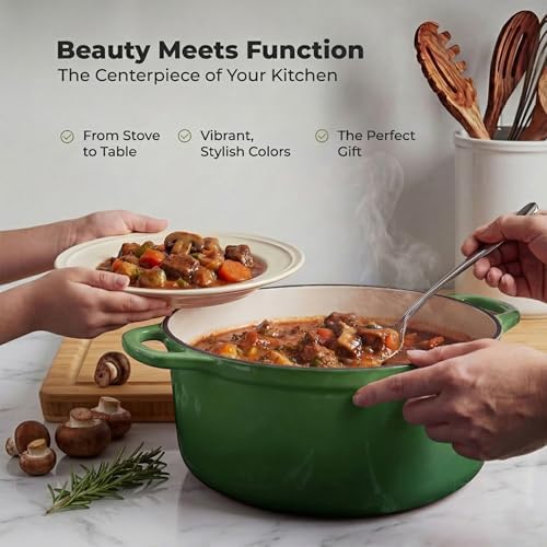 Zulay Kitchen 5 Quart Enameled Cast Iron Dutch Oven Pot with Lid – Premium Durability & Oven Safe up to 500°F – Heavy Duty Cookware Perfect for Bread Baking, Stews, Braising & Roasting – Green - Image 7