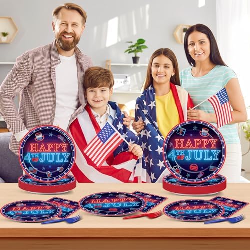 96PCS Happy 4th of July Party Plates and Napkins Neon Independence Day Decoration American Patriotic Plates Neon Red Blue Disposable Tableware for Veterans Memorial Day Birthday Gatherings Decorations - Image 5