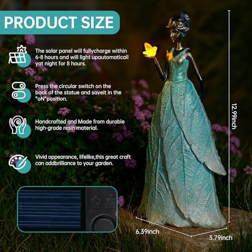 VChymm Solar Fairy Statue Collection Home Decoration 12.9 in - Leaf Angel Girls Resin Home Garden Decor for Outside or Inside Rustic Fairy Garden Outdoor Yard Figurines Gifts for Women - Image 6