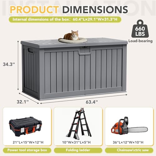 240 Gallon HDPE Deck Box Outdoor Indoor Waterproof Storage Box for Patio Furniture, Pool Accessories, Garden Tools, and Cushion Storage, Gray - Image 6