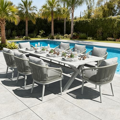 LayinSun 9 Pieces Outdoor Patio Dining Set, Aluminium Rectangular Dining Table and Wicker Rattan Chairs Set for Outside Backyard, Poolside by LayinSun