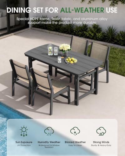 HDPE Outdoor Dining Set, Patio Table and 4 Stackable Armless Chairs, Grey - Image 4