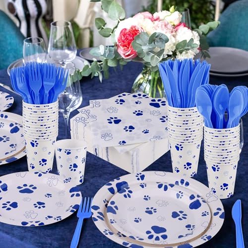 Kochorie 400 Pieces Blue Paw Disposable Party Tableware Sets Dog Puppy Supplies Including Plates Cups Napkins Cutlery Serves 50 for Birthday Puppy Theme Party Decorations - Image 5