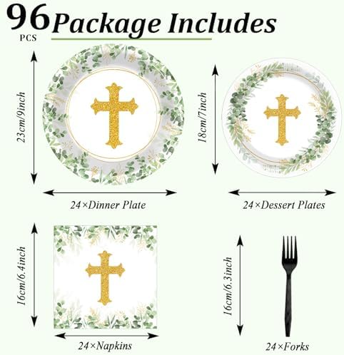 God Bless Tableware Set Baptism Plates First Holy Communion Plates and Napkins Mi Bautizo Eucalyptus Leaves Sage Disposable Dinnerware for Christening Baby Shower Party Supplies Serve 24 - Image 2