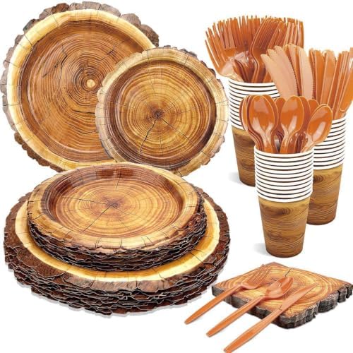 175 Pieces Camping Wood Grain Slice Tableware Set Rustic Wood Party Decorations Plates Napkins Cups Knives Fork Spoon for Hunting Birthday Party Decorations Serve 25 Guests by Unknown