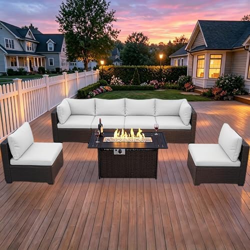 LEVELEVE 8-Piece Wicker Patio Conversation Set with 44" Propane Fire Pit Table, Cozy Outdoor Sectional Sofa for Backyard Gatherings, Poolside Lounging & Garden Parties by Enjoyyourlife