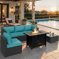 Shintenchi 6 Piece Outdoor Patio Furniture Set with 43 Inch Propane Fire Pit, Washable Cushions, Glass Coffee Table, Waterproof Cover & CSA Certified for Backyard Poolside, Black PE Rattan/Blue by Shintenchi%7CFurnitureMadeforRealLife