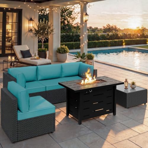 Shintenchi 6 Piece Outdoor Patio Furniture Set with 43 Inch Propane Fire Pit, Washable Cushions, Glass Coffee Table, Waterproof Cover & CSA Certified for Backyard Poolside, Black PE Rattan/Blue by Shintenchi%7CFurnitureMadeforRealLife