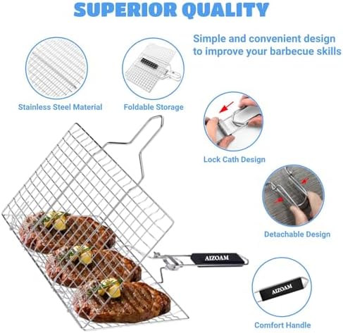 Shallow Grill Basket Fish Grill Basket, Fish Grilling Basket BBQ Fish Grill Baskets for Outdoor Grill,Grill Basket with Removable Handle. Perfect for Grilling Fish Fillets - Image 2