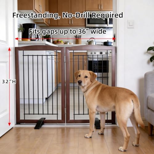 ZJSF Freestanding Dog Fence Indoor, Foldable Dog Gate for Doorways, Stairs or Hallways, Sturdy Wood Extra Wide Pet Gate with Support Feet for The House, Brown, 32 "Height-2 Panels - Image 2