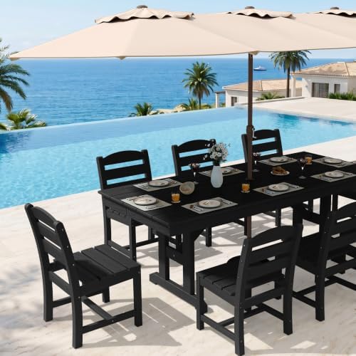 KINGYES Outdoor Dining Table,84'' HDPE Patio Table with Umbrella Hole,Black - Image 5