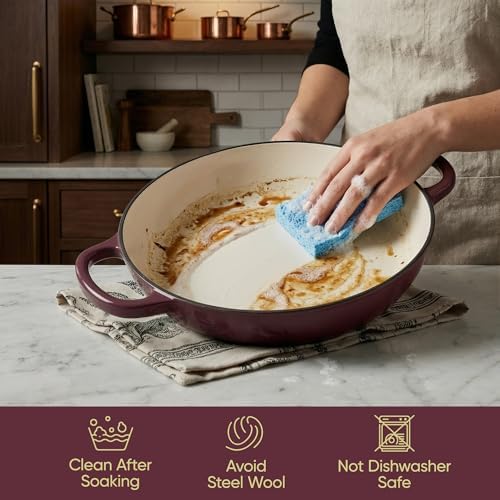 3 Quart Enameled Cast Iron Braiser, Non Stick Enameled Cast Iron Skillet with Lid, Dutch Oven Skillet with lid up to 500°F for Oven, Stove, Grill, Shallow Dutch Oven for Cook, Bake (Fig) - Image 6
