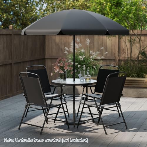 Tangkula 6 Pieces Patio Dining Set with Umbrella, Outdoor Table and Folding Chairs Set with 4 Armchairs and Round Tempered Glass Table for Garden, Deck, Lawn and Backyard (Black) - Image 2