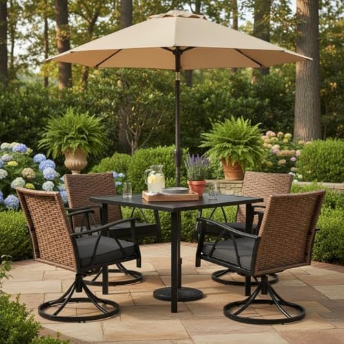 5-Piece Patio Dining Set for 4，Outdoor Dining Set with Wicker Swivel Patio Dining Chairs with Cushions & 1 Black Square Woodgrain Dining Table with 1.75”Market Umbrella Hole, Black & Brown by Andehomy