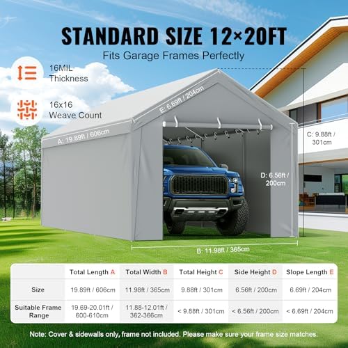 VEVOR Carport Replacement Canopy Cover Top + Side Wall 12 x 20 ft, Garage Tent Shelter Tarp Heavy-Duty Waterproof & UV Protected, Easy Installation with Ball Bungees,Grey (Frame Not Included) - Image 4