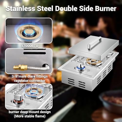 17,500BTU Liquid Propane Side Burner, Single Grilling Side Burners for Outdoor Kitchen, Convertible to Natural Gas, Duty Heavy 304 Stainless Steel, Drop-in Side Burner for Outdoor BBQ Grill Island - Image 3