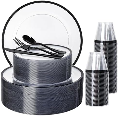 N9R 600PCS Clear Black Plastic Plates, Disposable Dinnerware Set for Party by N9RTABLEWARE