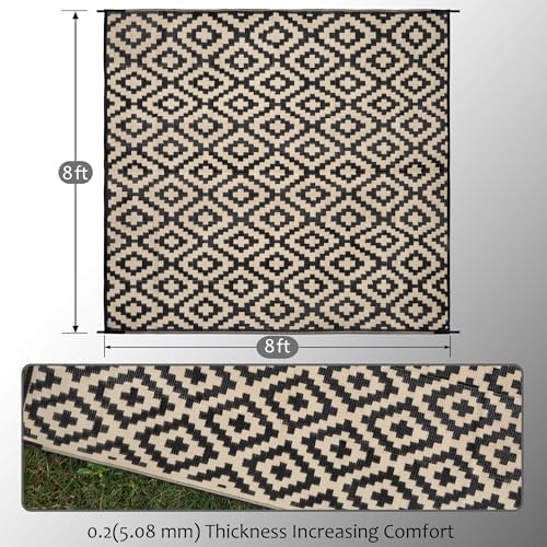 SAND MINE Waterproof Outdoor Rug 8x8 ft, Plastic Reversible Rug, Modern Area Rug, Large Floor Mat for Outdoors, RV, Patio, Backyard, Deck, Picnic, Beach, Camping, Black & Beige - Image 2