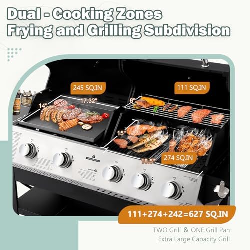 Outdoor Grill Griddle Combo, 54,000 BTU Propane BBQ with 627 SQ.IN. Cooking Area, Porcelain Cast Iron Grates, Foldable Tables, Locking Wheels & Storage Cabinet for Backyard - Image 2