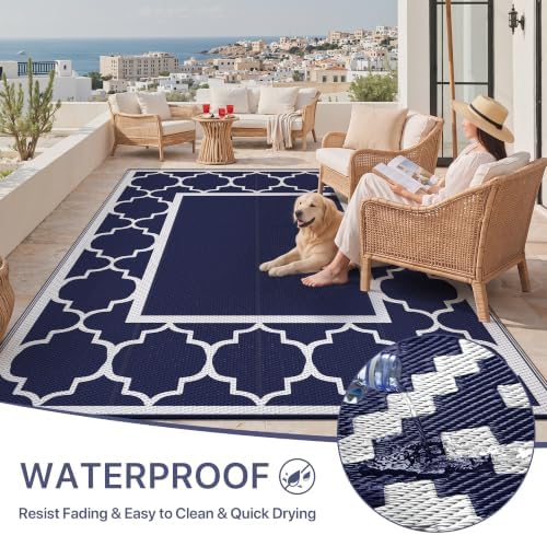 GENIMO Outdoor Rug, Waterproof Plastic Rugs for Patio, 8'x10' Blue White - Image 6