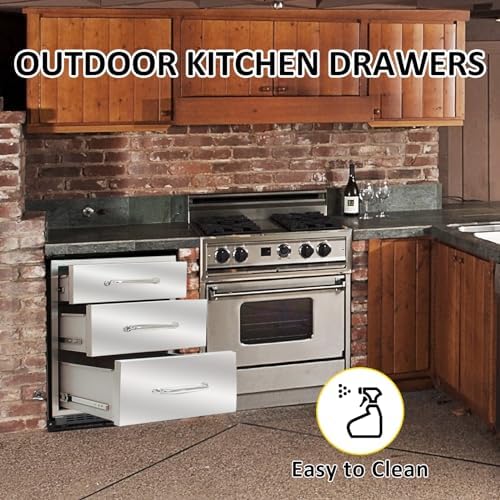 Outdoor Kitchen Drawers 20" W x 27" H x 23" D Flush Mount Triple BBQ Drawers with Chrome Handle Stainless Steel Drawer for Outdoor Kitchen Island, Patio Grill Station - Image 5