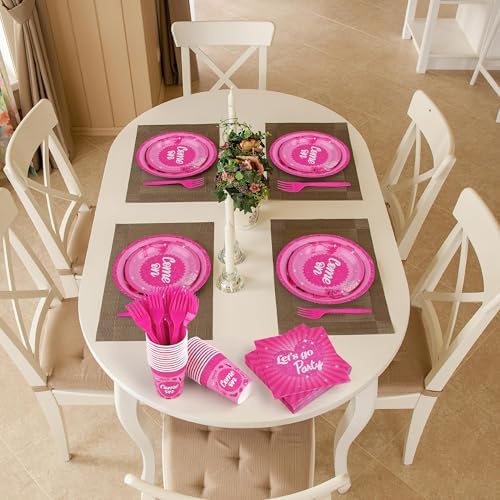 Kochorie 144 Pieces Let's Go Party Tableware Sets Including Disposable Plates Napkins Cups Forks Serves 24 for Birthday Disco Pink Girl Party Supplies - Image 5