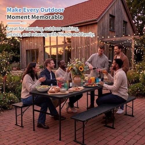 Polar Aurora Picnic Table Set with 2 Benches, 6 Feet Folding Camping Table Chair Set, Portable 3-Piece Outdoor Furniture with Wood Grain Top for Party, Picnic, Camping, Wedding (Black) - Image 7
