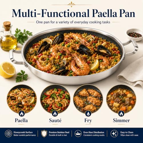 Yeksum 16 Inch 5-Ply Stainless Steel Paella Pan with Lid, Large Skillet - Image 7