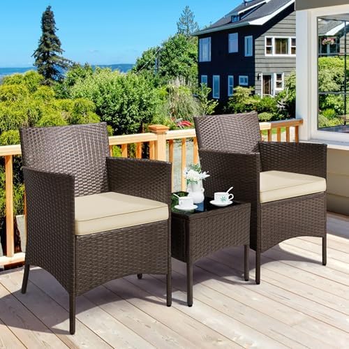 Yaheetech 3 Pieces Patio Porch Furniture Set, Outdoor PE Rattan Wicker Conversation Set with Soft Cushions, Glass Coffee Table & 2 Chairs for Garden/Deck/Courtyard/Poolside, Brown/Khaki - Image 2