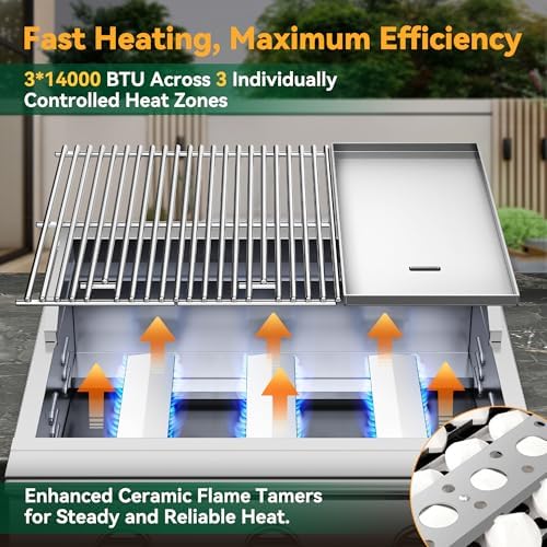 Livory 26 Inch BBQ Head Griddle Grill Combo for Outdoor Kitchen, Natural Gas Built-in Grills for Barbecue Island, 3-Burner, 3 * 14,000 BTU, Premium 304 Stainless Steel, Convertible to Liquid Propane - Image 5
