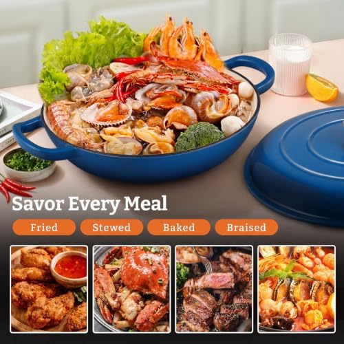 Parmedu Cast Iron Dutch Oven, 3.8 Quart, Blue, Shallow Braiser & Casserole - Image 3