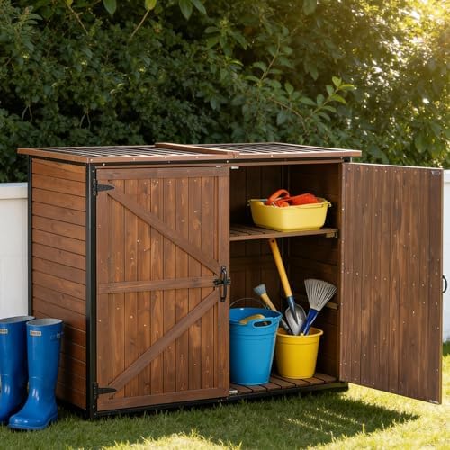 Gutinneen Outdoor Storage Shed Cabinet with Strong Iron Frame Large Wooden Garden Shed Tool House with Adjustable Shelfs,Medium - Image 5