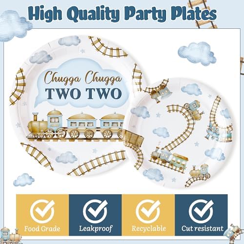 96Pcs Chugga Chugga Two Two Watercolor Train 2nd Year Old Retro Birthday Party Plates Supplies - Party Tableware Decoration Disposable Paper Plate Napkin Fork for Birthday, Serves 24 - Image 3