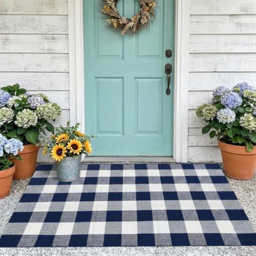 MUBIN Cotton Buffalo Plaid Rug, 3' x 5' Navy Blue White Outdoor Rug Front Door Decorative Mat, Washable Doormat Foldable Area Rug Layered Door Mats Rug for Front Porch, Entryway, Patio by MUBIN
