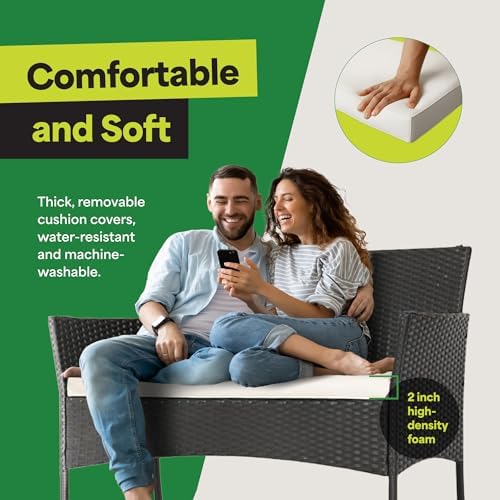 EconoHome 4-Piece Outdoor Patio Furniture Set - Patio Set with 2 Rattan Chairs, 1 Loveseat & 1 Glass -Top Coffee Table - Weather-Proof Wicker with Cushions - Conversation Set for Porch, Balcony, Lawn - Image 3