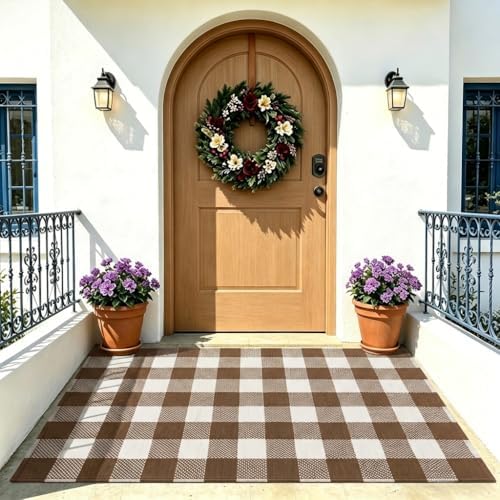 MUBIN Fall Decor Cotton Buffalo Plaid Rug, 3' x 5' Coffee White Outdoor Rug Front Door Decorative Mat, Washable Doormat Hand-Woven Foldable Area Rug Layered Door Mats Rug for Front Porch, Entryway - Image 3