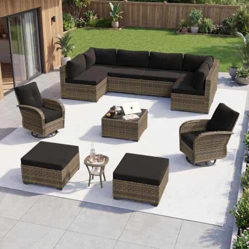 Aoxun 12 Piece Outdoor Patio Furniture Set with Coffee Table, Wicker Rattan Outdoor Furniture with High Back Swivel Rocker Chairs, Outdoor Conversation Set with Thick Cushion & Ottoman, Black by Aoxun