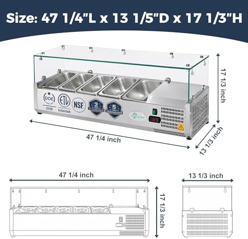 COOLCHEF 47-Inch Refrigerated Condiment Prep Rail, 5 x 1/4 GN Pans - Image 2